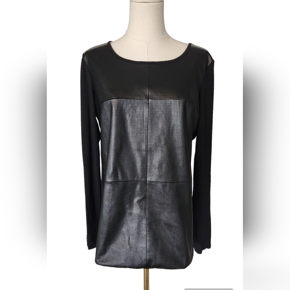 Ann Taylor Black Faux Leather Front Top - Picture 1 of 6